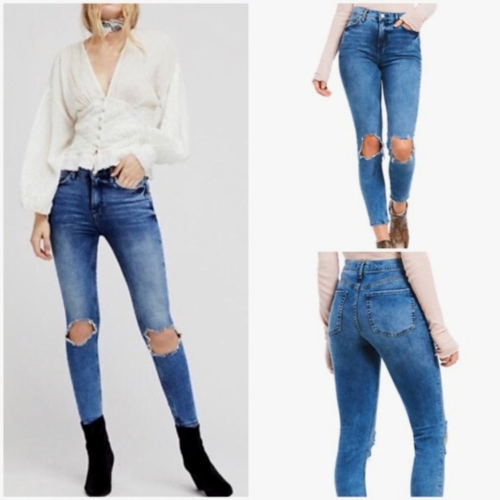 Free People Women's Distressed Knee High Waist Rise Medium Wash Skinny Jeans 31R